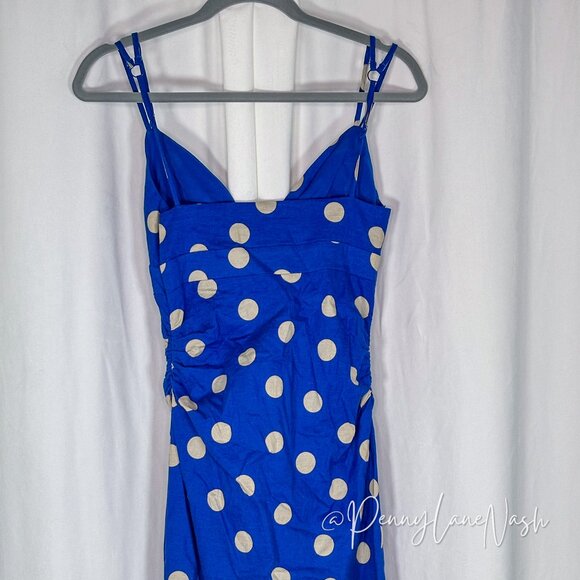 Zara Linen Blend Polka Dot Ruched Midi Dress Blue/Tan - Picture 10 of 13